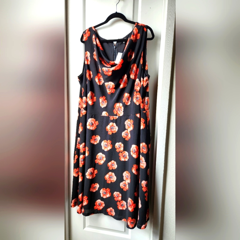 Black Floral Sleeveless Cowl Neck Dress - Orange Poppy Print